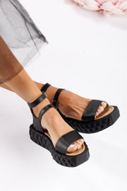 Sandale cu talpa groasa piele naturala neagra
