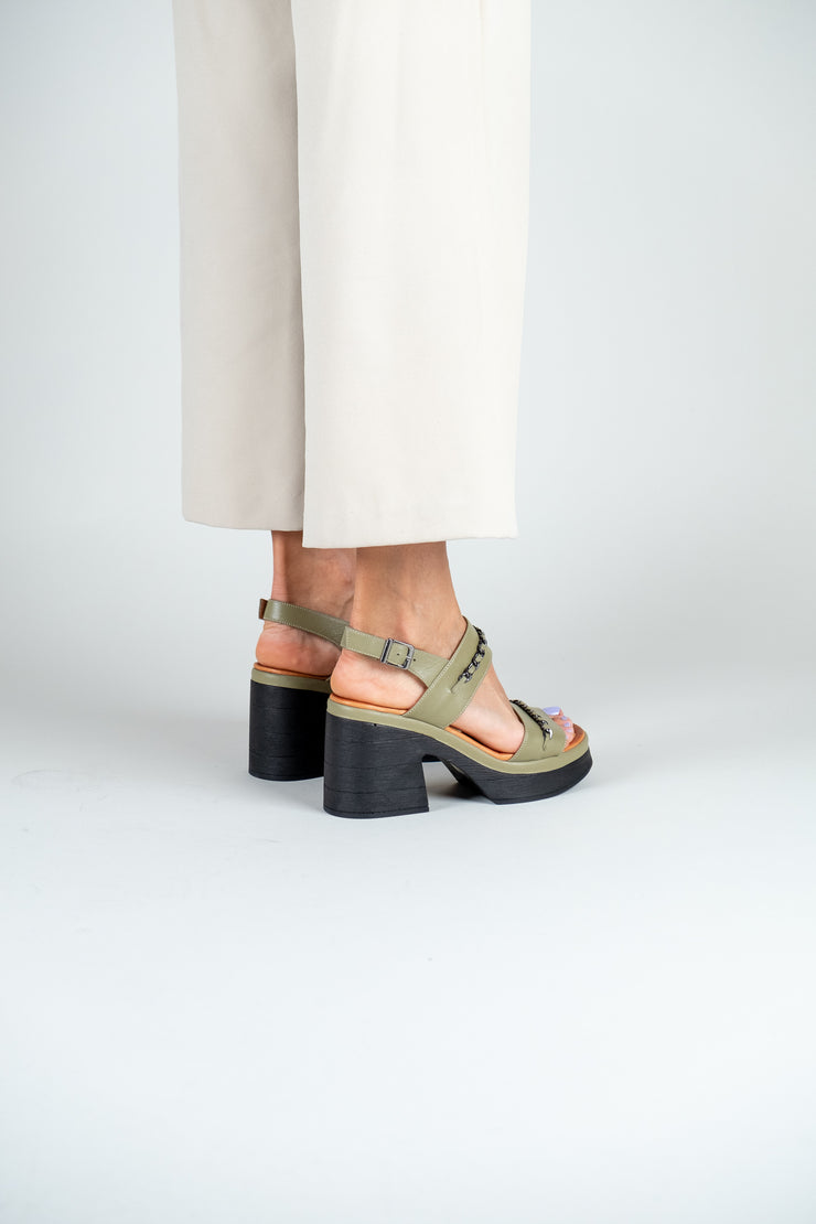 Sandale cu toc gros si platforma piele naturala verde