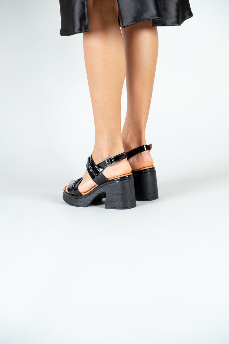 Sandale cu toc gros si platforma piele naturala neagra