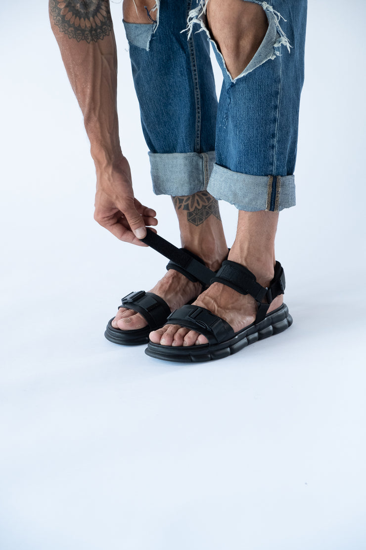 Sandale barbati negre piele naturala si material textil