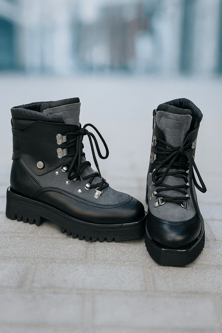 Bocanci Dama din Piele Gri cu Negru - ADDAGhete damaBigiottos Shoes