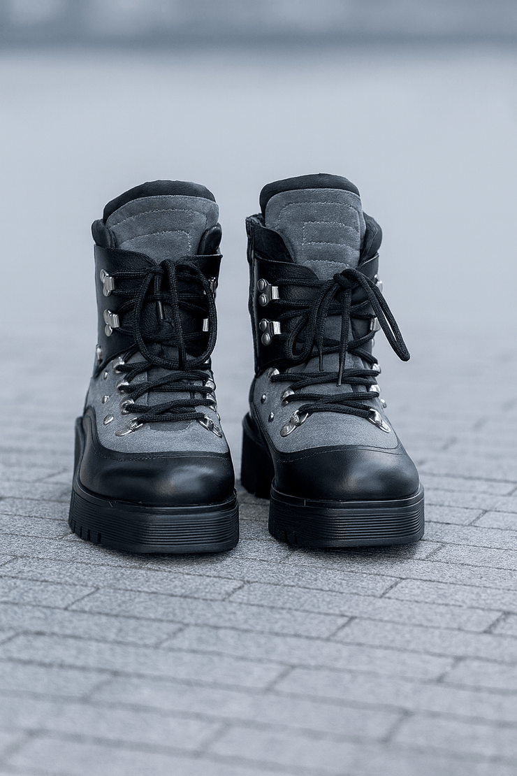 Bocanci Dama din Piele Gri cu Negru - ADDAGhete damaBigiottos Shoes