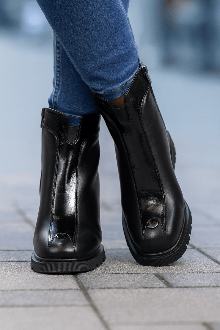 Botine cu Toc din Piele Negre cu Accesoriu - ARYNAGhete damaBigiottos Shoes