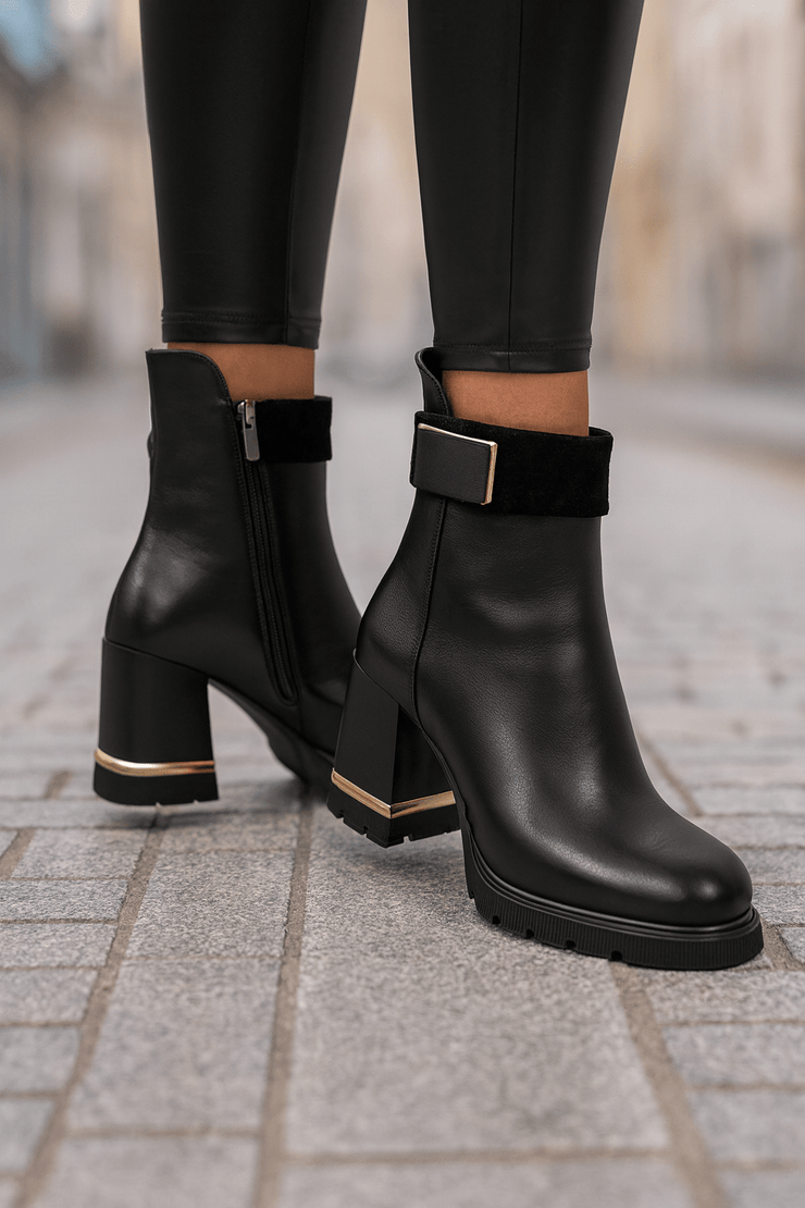 Botine cu Toc din Piele Negre cu Accesoriu - KONAGhete damaBigiottos Shoes