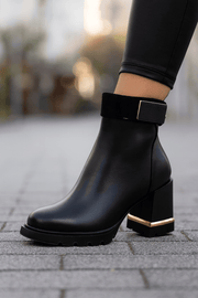 Botine cu Toc din Piele Negre cu Accesoriu - KONAGhete damaBigiottos Shoes