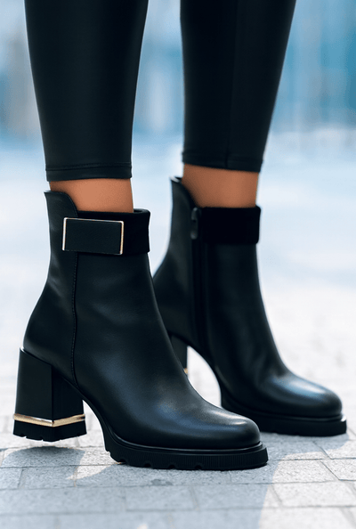 Botine cu Toc din Piele Negre cu Accesoriu - KONAGhete damaBigiottos Shoes