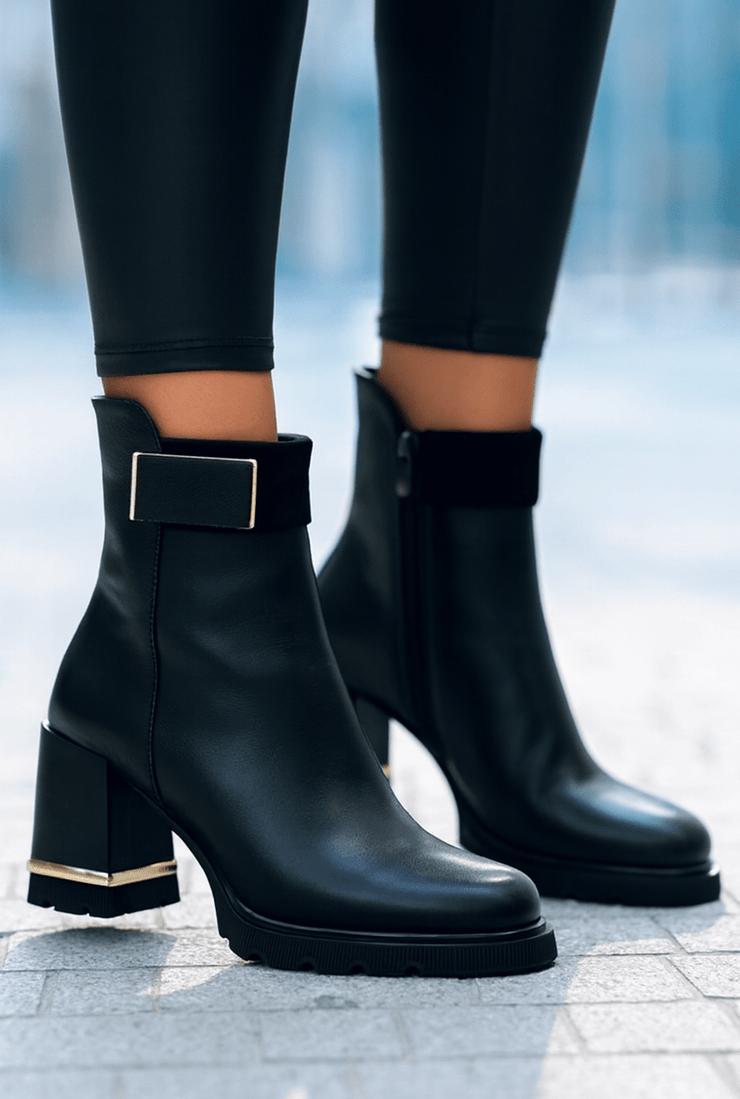 Botine cu Toc din Piele Negre cu Accesoriu - KONAGhete damaBigiottos Shoes