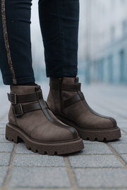 Ghete Casual Dama din Piele cu Catarame TAUPE - TRYAGhete damaBigiottos Shoes