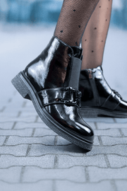 Ghete Casual Dama din Piele Lac Negre cu Accesoriu - ELIGhete damaBigiottos Shoes