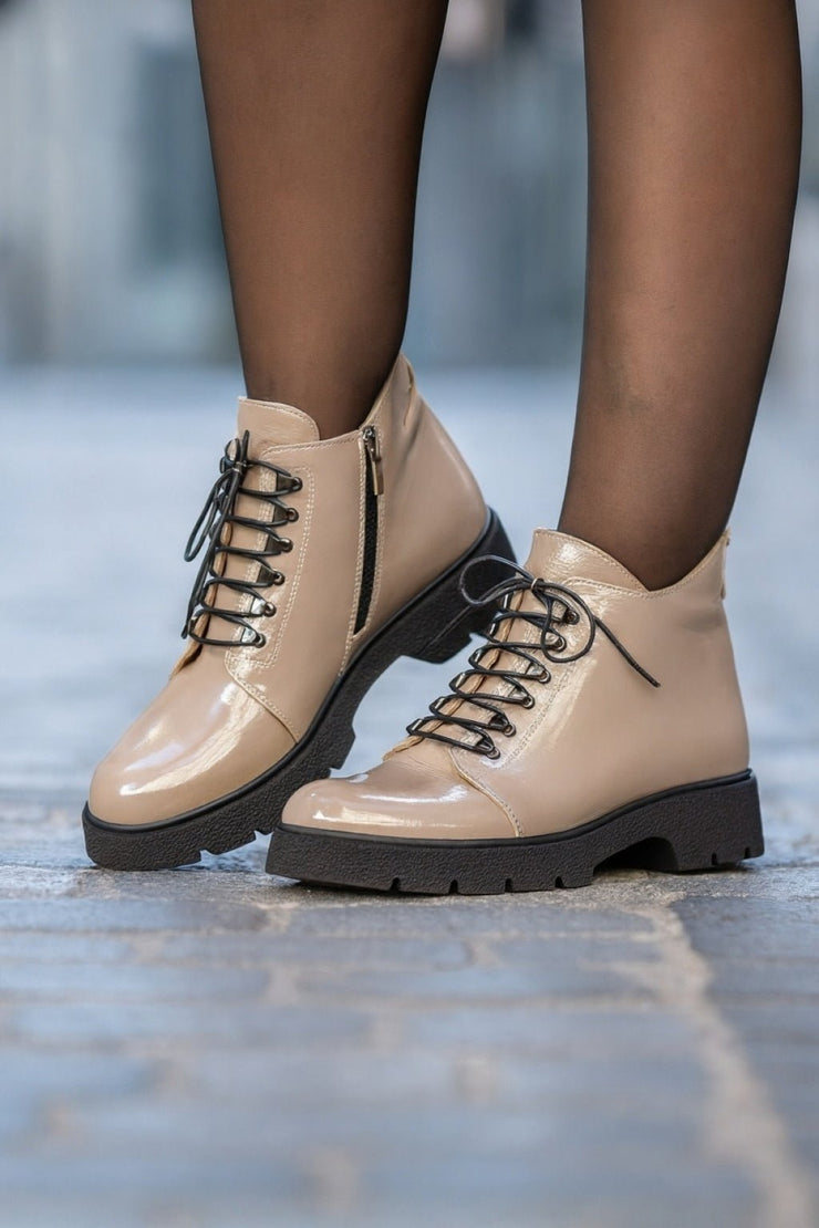 Ghete Casual Dama din Piele Lac Taupe cu Capse - PIAGhete damaBigiottos Shoes