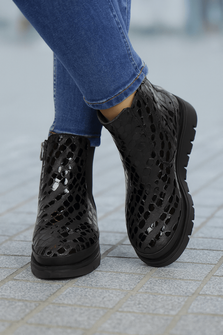 Ghete Dama din Piele Croco Negre cu Elastic si Fermoar - YZGhete damaBigiottos Shoes