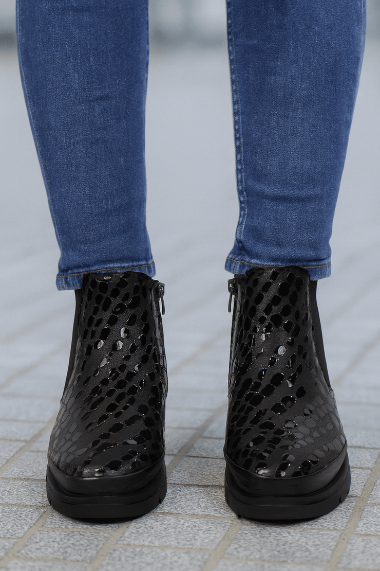 Ghete Dama din Piele Croco Negre cu Elastic si Fermoar - YZGhete damaBigiottos Shoes