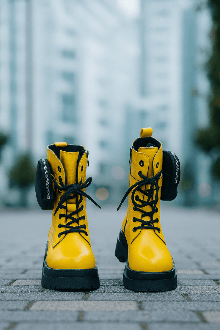 Ghete Inalte Dama din Piele Galbene cu Accesoriu - OMAGhete damaBigiottos Shoes