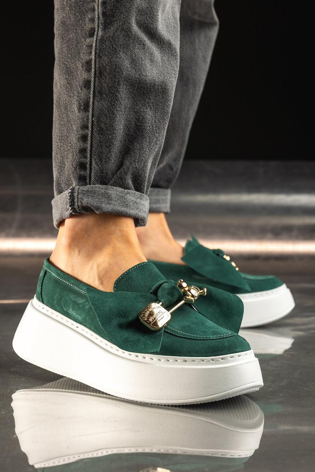 AUBERGE BIG CHARLOTTE Ecru×Green Mocasini Din piele Intoarsa Verde cu Fundita - Tessa Green