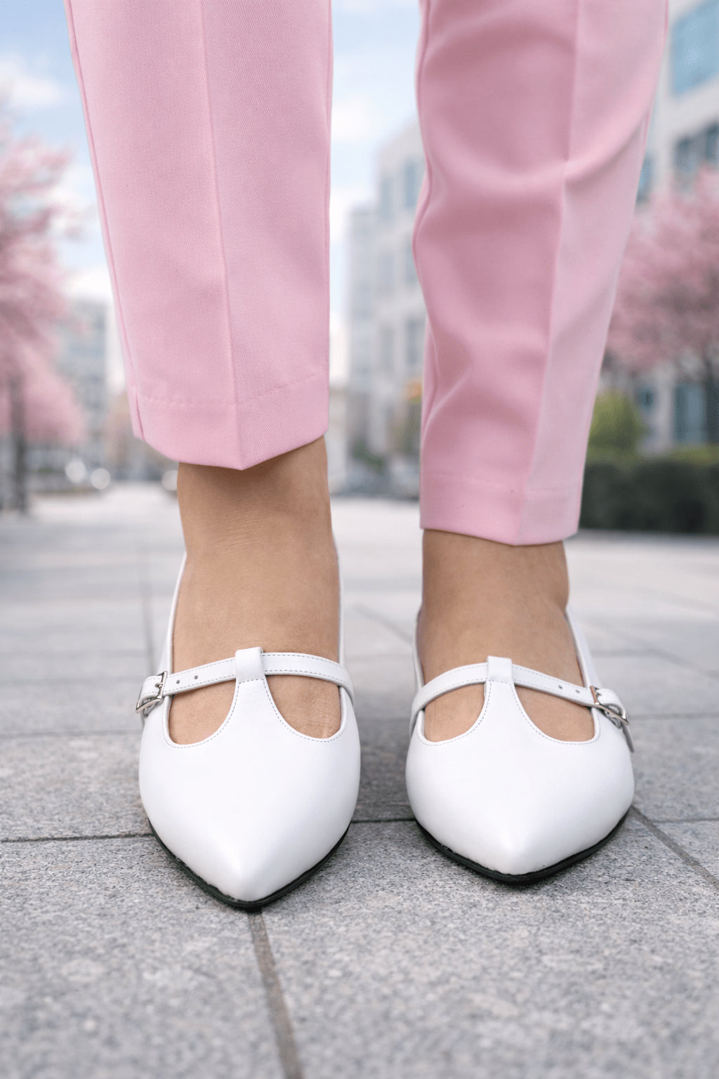 Pantofi Eleganti Toc Mic cu Decupaj din Piele Albi - ELYM WHITE