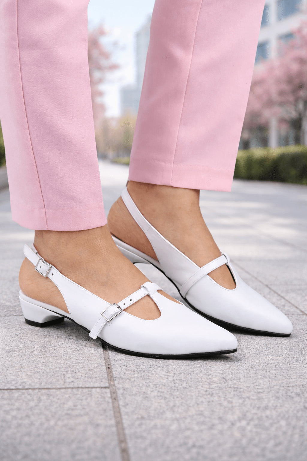 Pantofi Eleganti Toc Mic cu Decupaj din Piele Albi - ELYM WHITE
