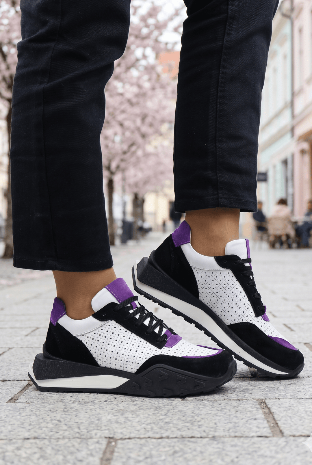 Pantofi Sport Dama din Piele ALBI cu MOV - ZINA LILA – Bigiottos Shoes