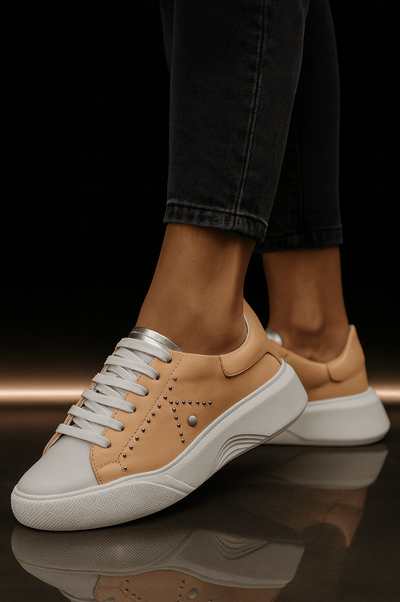 Pantofi Sport Dama din Piele Bej cu Alb - ICAPantofi sport damaBigiottos Shoes