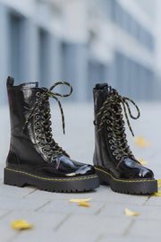 Ghete Inalte Dama din Piele Lac Negre cu Fermoar - OMY