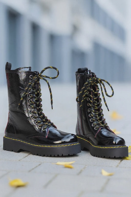 Ghete Inalte Dama din Piele Lac Negre cu Fermoar - OMY