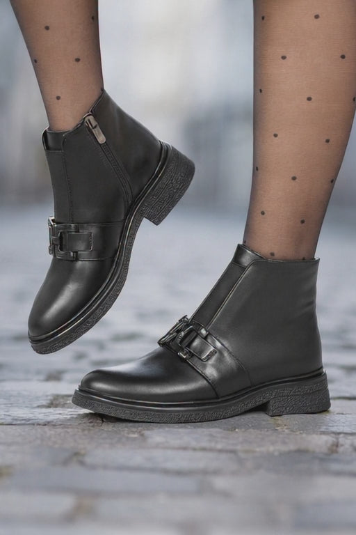 Ghete Casual Dama din Piele Negre cu Accesoriu - EPRO