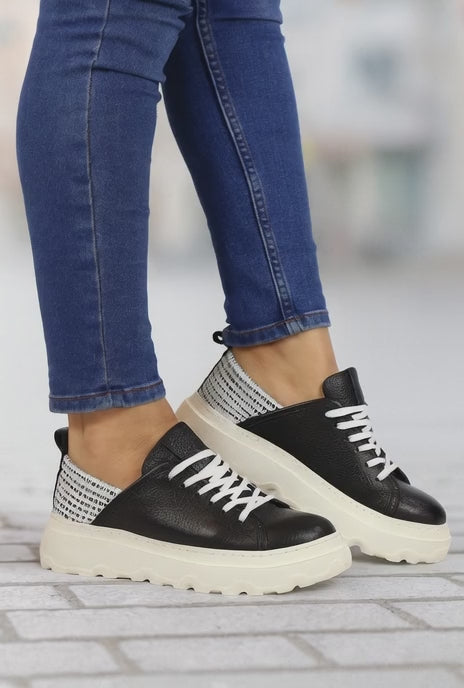 Pantofi Sport Dama din Piele Negri cu Alb - ATTY