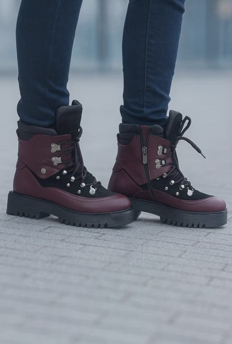 Bocanci Dama din Piele Bordo cu Negru - ADDE