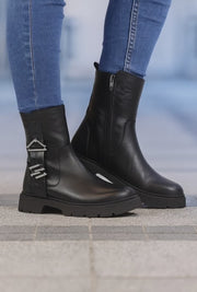 Ghete Casual Dama din Piele Negre cu Accesoriu - VIXY