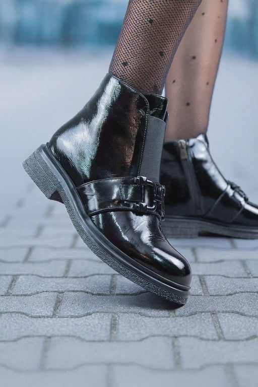 Ghete Casual Dama din Piele Lac Negre cu Accesoriu - ELI