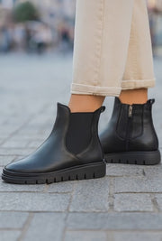 Ghete Casual Dama din Piele Negre cu Elastic si Fermoar - YP