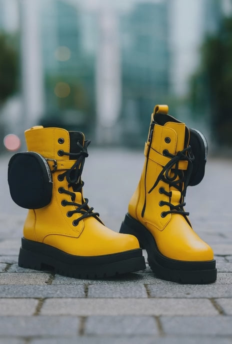 Ghete Inalte Dama din Piele Galbene cu Accesoriu - OMA