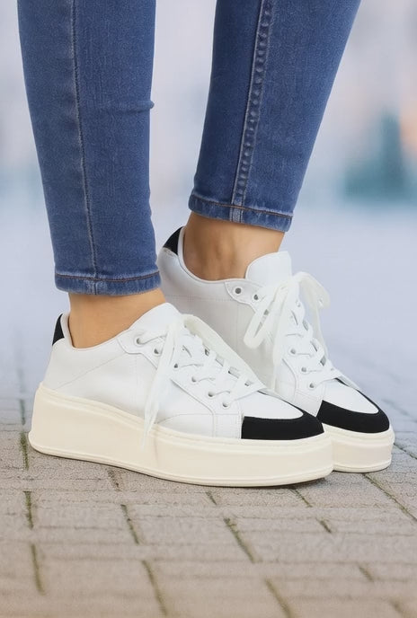 Pantofi Dama din Piele Alb cu Negru - TORA