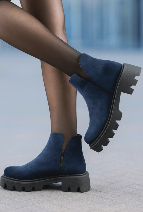 Ghete Casual din Piele Intoarsa Bleumarin cu Fermoar - FAME