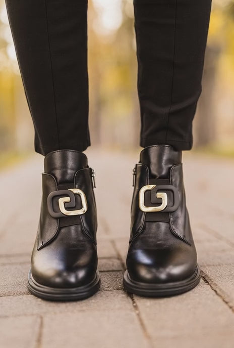 Ghete Casual Dama din Piele Bex Negre cu Accesoriu - FENE