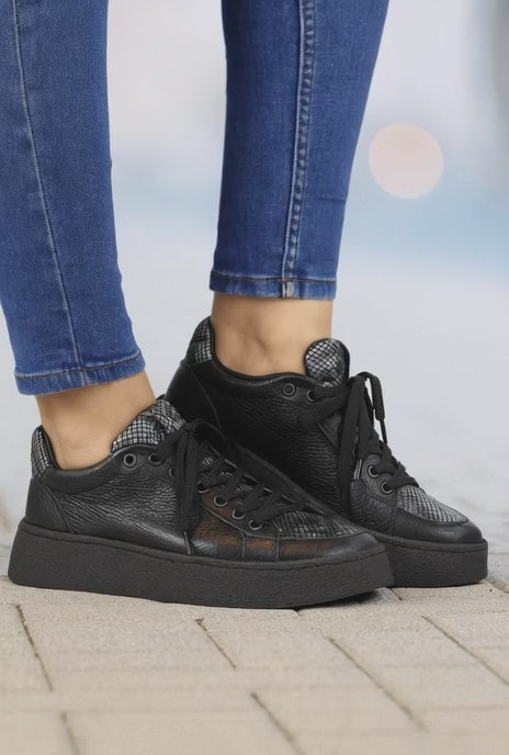 Pantofi Dama din Piele Negri cu Print - TORY