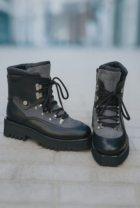 Bocanci Dama din Piele Gri cu Negru - ADDA