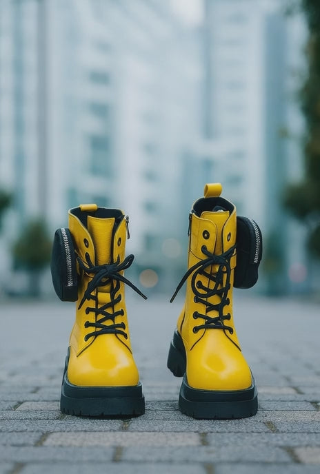 Ghete Inalte Dama din Piele Galbene cu Accesoriu - OMA