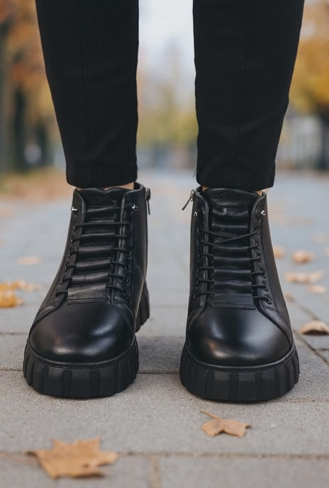 Ghete Casual din Piele Box Negre - PIKA