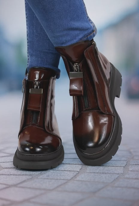 Ghete Casual Dama din Piele Lac Bordo cu Fermoar - EZE