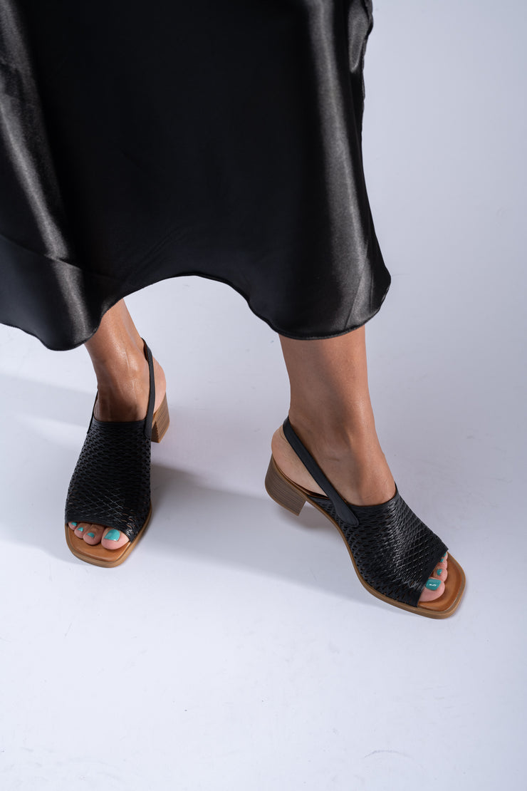 Sandale dama cu toc gros negre piele naturala